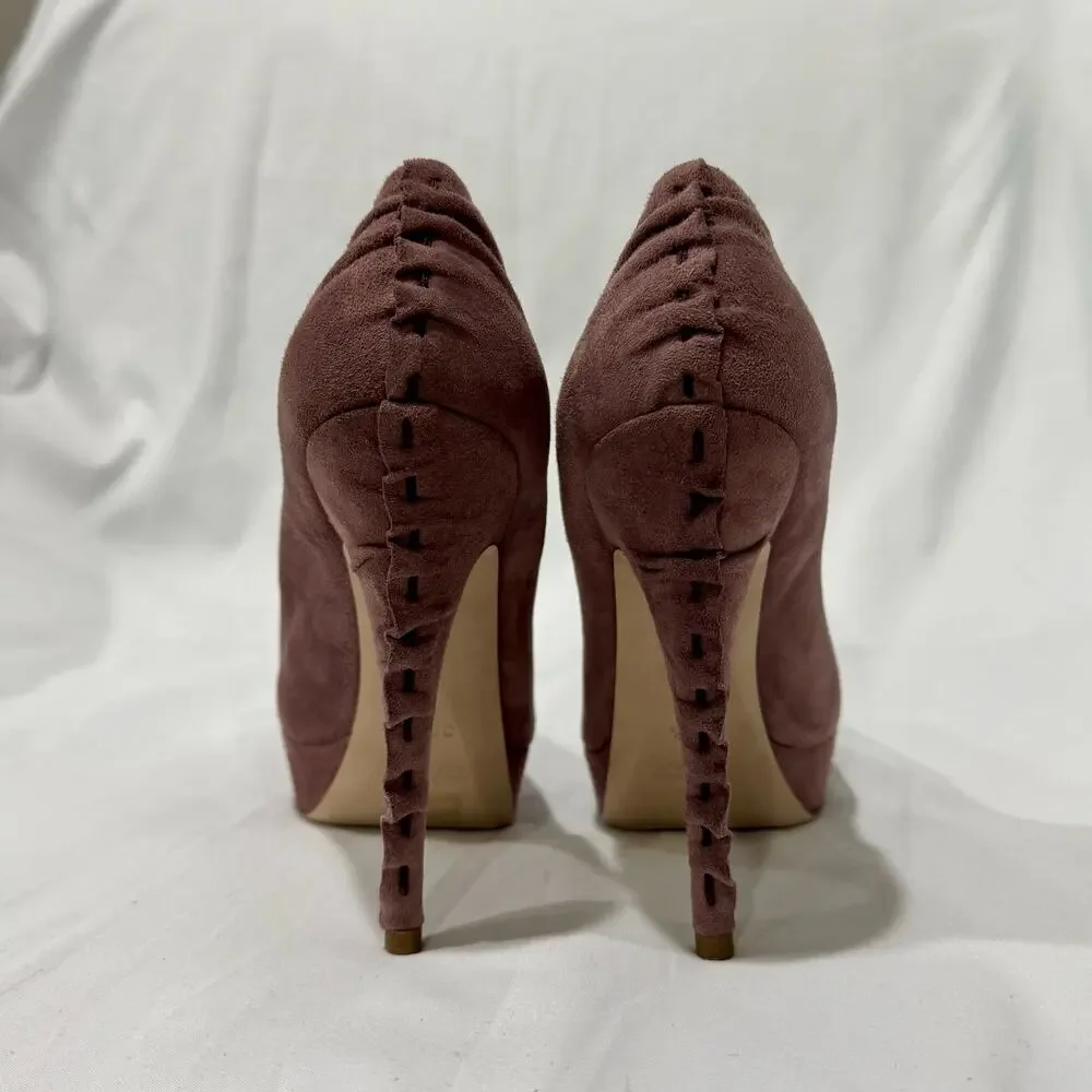 Miu Miu Dusty Rose Suede Whipstitch Platform Pumps Heels Size 38.5